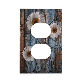 Rustic Country White Daisy Floral Flowers Butterfly on Brown Wood Wooden Plank 1 Gang Duplex Receptacle Wall Plate Jumbo Electrical Outlet Decorative Decorator Light Switch Faceplate Plug Socket Cover
