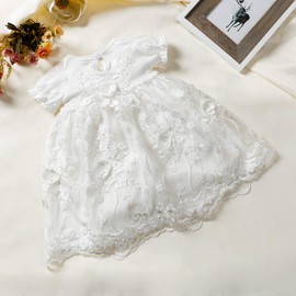 TENTIDE Baby Girls Christening Baptism Dress Newborn Delicate Embroideried Lace Gowns with Bonnet for Wedding Party(White, 12-18 Months)
