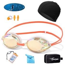 Goggles de Natación,kit de Gafas Natación 7 EN 1,con Goggles Natacións ajustable,toalla absorbente,Gorro Natacións,Auriculares,Clips para la Nariz,Bolsa Organizador,para Adultos y niños (Naranja-B)