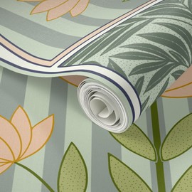 Peel & Stick Wallpaper 3ft x 2ft - Floral Art Nouveau Pink Flower White Vintage Green Leaves Custom Removable Wallpaper by Spoonflower