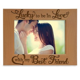 KATE POSH - Lucky to be in Love with my Best Friend Picture Frame - Engraved Natural Wood Photo Frame - Wedding Gifts, Engagement Gifts, Christmas Gifts, Valentine's Day Gifts (5x7-Horizontal)