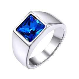 GoldChic 316L Edelstahl Herren Zirkon Ring mit 8mm breit Quadratischem Blautopas Hip Hop Geburtsstein Ring Mode Zirkonia Fingerring in Silber Ringgröße 70（22.3）