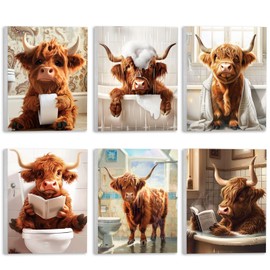 Marspark 6 Pcs Funny Highland Cow Bathroom Framed Wall Art Cow Animal Rustic Canvas Prints for Bathroom Restroom Decor, 8x10in