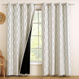 ColorBird 100% Boho Blackout Curtains Floral Thermal Insulated 63 Inch 2 Panels Set Southwest Linen Texture Black Out Western Black and White Curtain Drapes for Bedroom Living Room