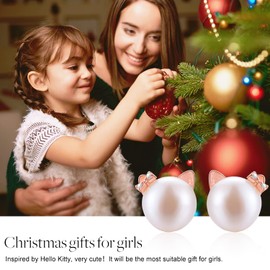 Esberry 18 Karat Gold-Plated 925 Sterling Silver Cat Stud Earrings, Natural Freshwater White Pearl Earrings, Cute Cat Hypoallergenic Earrings for Women and Girls, Rose Gold 1