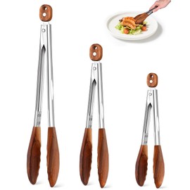 Wooden Tongs for Cooking Set of 3 (7",9",12") Natural Walnut Wooden kitchen Tongs for Grilling, Serving, BBQ and Tossing Salad etc | Ergonomic Stainless Steel Non-Slip Grip, Heat Resistant, Pull Lock