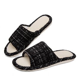 Linen Open Toe Slippers, Soft and Silent Home Slippers for Couples, Casual Comfortable Breathable non-slip Indoor and Outdoor Slippers Men/Women Black EU 35-36