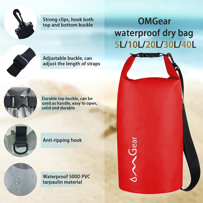 OMGear Waterproof Dry Bag Backpack Waterproof Phone Pouch 40L/30L/20L/10L/5L Floating