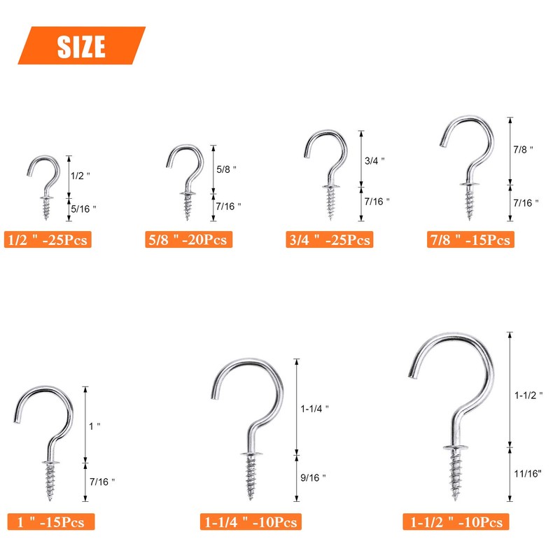 HELIFOUNER 120 Pieces 7 Sizes Cup Screw Hooks, Silver, Screw-in