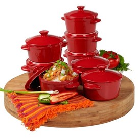 Denmark Stoneware Cocottes - Set of 8 Individual Mini Souffle & Casserole Dishes, 10oz - Red