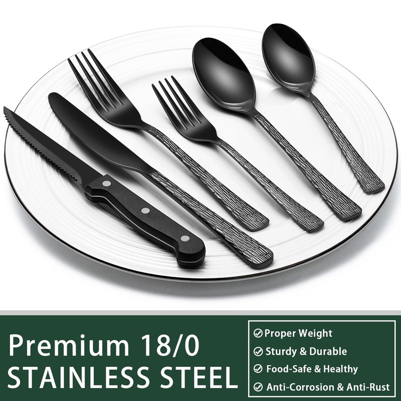 Black Hammered Silverware Set With Steak Knives, 24-Piece Stainless Steel