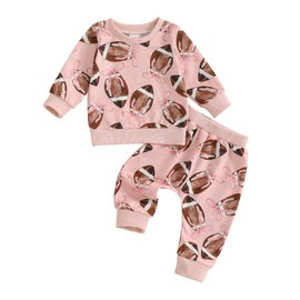 Kiluex Baby Girl Boy Fall Clothes Rugby Game Day Toddler Football Outfit Long Sleeve Sweatshirt Top Jogger Pants Set (A-Pink, 6-12 Months)