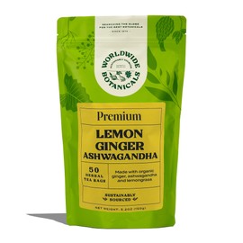 Worldwide Botanicals Lemon Ginger Ashwagandha Tea, 50 Tea Bags - 50% more herbs with 3g per teabag - Caffeine-Free, Made with Organic Herbs and Adaptogens - Kosher, 50 Tagless Eco-Friendly Tea-Bags