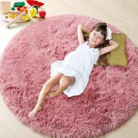 ONASAR Blush Round Area Rug 5ft, Soft Bedroom Circle Rugs Mats for Kids Girls Teen Room, Fluffy Plush Shaggy Carpet for Baby Nursery Living Room Playroom Home Decor Princess Castle
