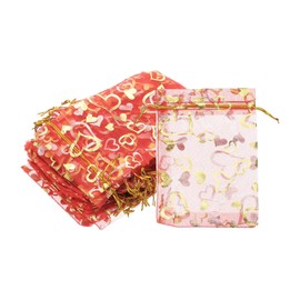 PATIKIL 100 Pcs 4x6 Inch Heart Printed Organza Bags, Red Sheer Heart Organza Bags with Drawstring for Christmas Candy Jewelry Party Wedding Favor Gift