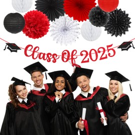 2025 Class Graduation Party-Decorations Banner-Streamers - 21pcs Black White-Red Congratulations Grad Backdrop Decor,Tassel Garland,Tissue Pom Poms Honeycomb,Paper Lantern Fans Hugtmr