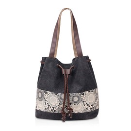 NICOLE & DORIS Student Canvas Handbag Women Bucket Bag Retro Tote Bag Drawstring Shoulder Bag Ladies Hobo Bag Top Handle Satchels Casual Beach Bag Black