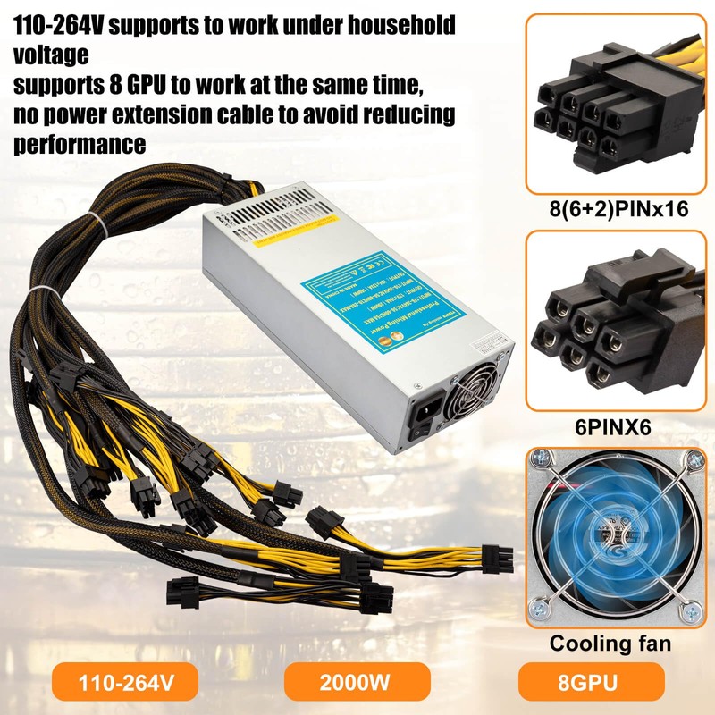 VTRETU 2000W Mining Power Supply 2U Miner PSU 110-264V for