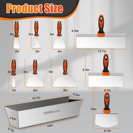 THINKWORK Drywall Knife Set, 10Pcs Drywall Tools Include Stainless Steel Putty Knife Set, Taping Knives, Painter Scraper, 14" Mud Pan and Scoop, Spackle Tool Kit for Joint Taping, Finishing, Patching