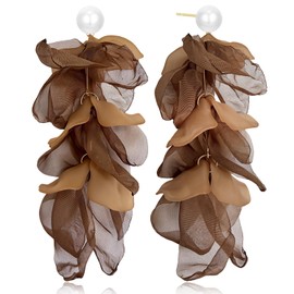 JOONL Handmade Bohemian Lightweight Fabric Flower Dangle Drop Earrings Chic Pearl Large Tassel Petal Stud Earrings For Women (Brown)