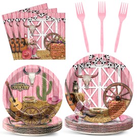 96 Pcs Cowgirl Birthday Party Decorations Western Theme Paper Plates and Napkins Wooden Barn Disposable Tableware Set Rodeo Pink Birthday Wild West Dinnerware Decor for Kids Serves 24
