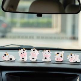 YBEATY 6PCS Mini Cows Car Accessories Mini Resin Cow Figurines Rear View Mirror Ornaments Funny Car Dashboard Decoration Cartoon Figurine Cars Interior Accessories Cute Tiny Animals for Women
