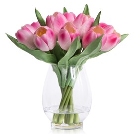 WELL KNOWN 12 Pcs Fake Tulips Artificial Pink Flowers in Vase with Faux Water, Real Touch Foam Tulips Arrangements with Vase for Home Office Decor, Dining Table Wedding Centerpiece (Fuchsia)