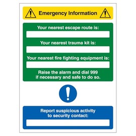 V Safety Emergency Information - Nearest Escape Route/Trauma Kit/Fire Equipment Is 300mm x 400mm 3mm Aluminium Composite Safety Sign