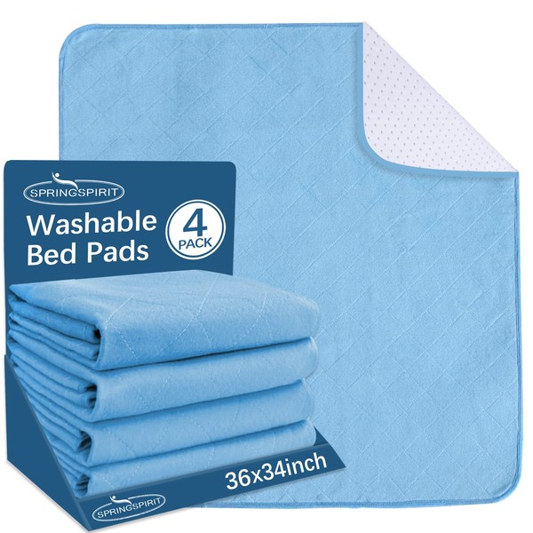 Waterproof Incontinence Bed Pads 34'' x 36'' (Pack of 4), Washable and Reusable Underpad for Adults, Reusable Pet Pads, Great for Dogs, Cats, Bunny, Seniors Bed Pad, Blue