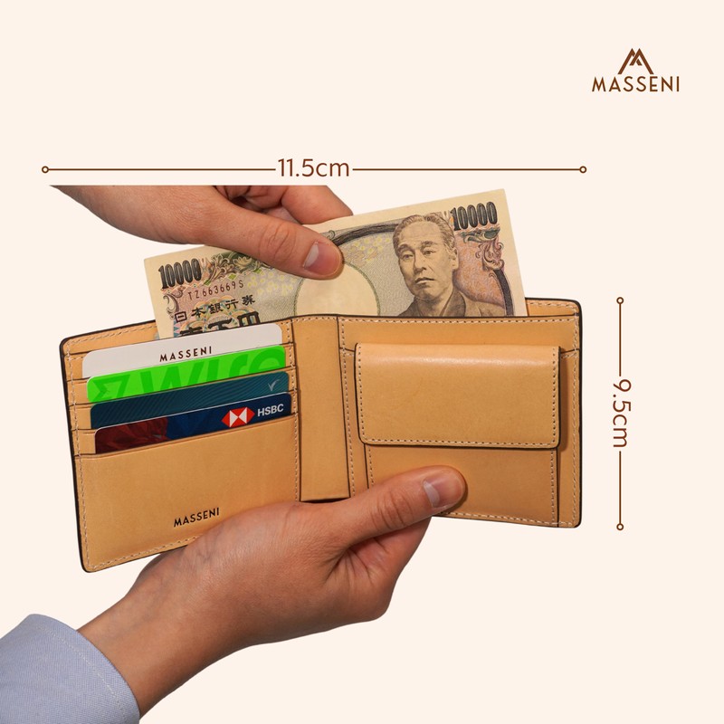 MASSENI Men's Luxury Italian Leather Bifold Wallet, Coin Pocket, Tan