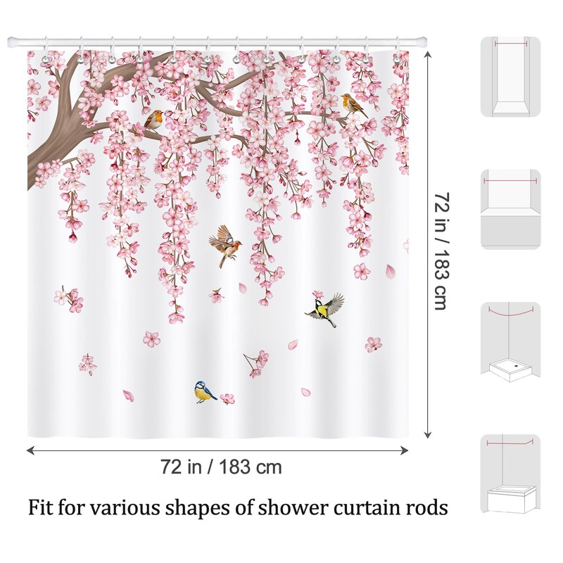 COZZSNUGE Pink Cherry Blossom Shower Curtain, Japanese Sakura Floral Birds