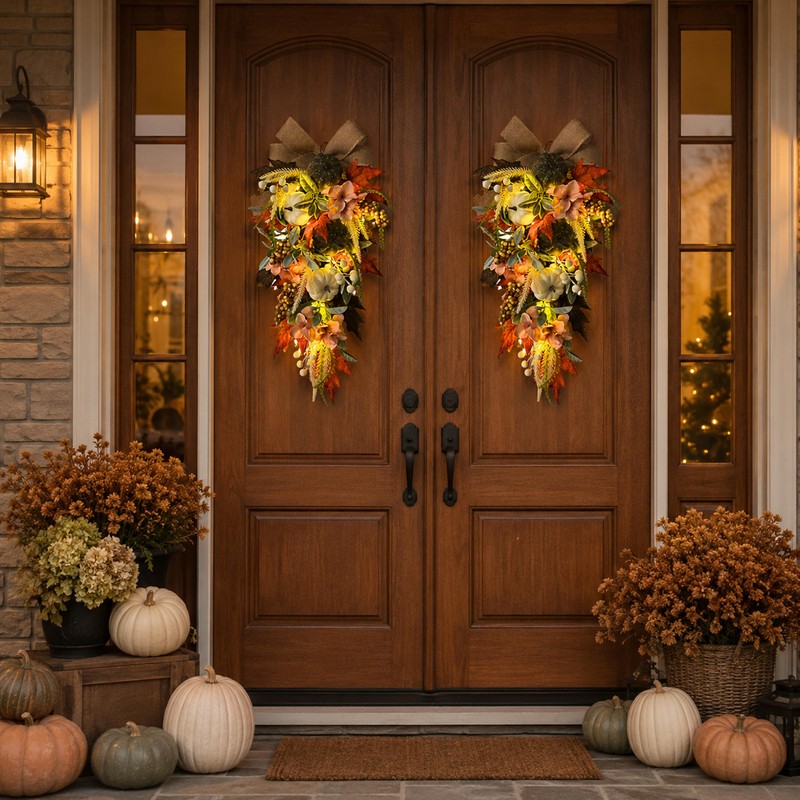 Svndlyn 24 Inch Lighted Fall Teardrop Swag with Timer and