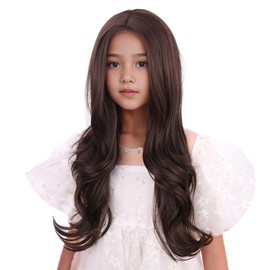 Edivd Kids Mixed Brown Wig Child Long Dark Brown Wavy Curly Wig Girls Chocolate Brown Middle Part Wig Heat Resistant Synthetic Wig with Wig Cap