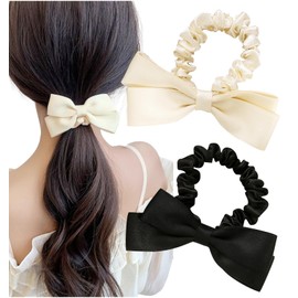 Herbeluemily HM-0133-R02-BKOWH Ribbon Scrunchie, Hair Accessory, Black, Off-White, Set of 2