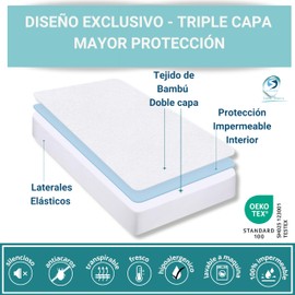 Matratzenschoner, Bambus, wasserdicht, 135 x 190/200, natürlicher Anti-Milben-Bezug, atmungsaktiv, kühlend, weich, elastische Tasche, 360 °, verstellbar, Oeko-Tex-zertifiziert