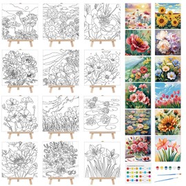 Tenceur 12 Sets Pre Drawn Canvas to Paint Paint Your Own Designer Canvas Set Coloring Painting Canvas Panels Pre Stenciled Canvas Boards with Paints and Brushes for Kid Adult(Flower)