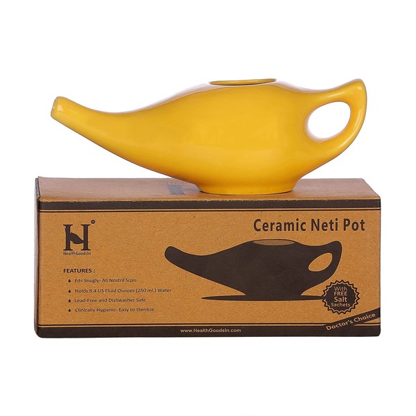 HealthGoodsIn Ceramic Neti Pot with Salt, Dishwasher Safe Handcrafted Durable, for Sinus - 225 Ml. Capacity - Yellow