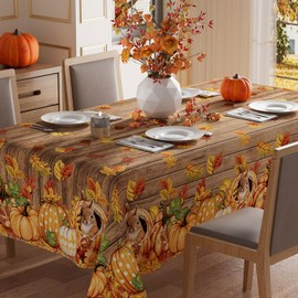 XCHI Fall Squirrel Pumpkin Maple Leaves Wood Tablecloth Rectangle Washable Table Covers for Home Party Decorations 52x70 Inch
