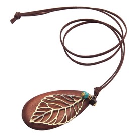 GelConnie Womens Leather Necklace Leaf Wood Necklace Boho Long Pendant Necklaces Brown Leather Necklace for Women