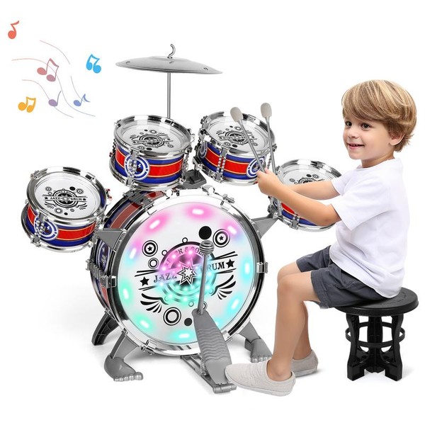 Rock Toddler Drum Set with Stool,Baby Percussion,Light Drums,Montessori Musical Toys,Musical