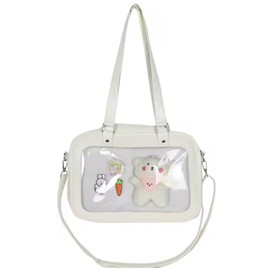 Women's Spacious Kawaii White Crossbody Ita Bag with Mesh Pin Insert, Clear Front Pocket, and Adjustable Strap – Stylish PU Leather Purse Dual Handle with Removable Strap, Shoulder Bag