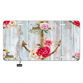 Lefolen Front License Plate Nautical Anchor Rose Floral,Rustic Wooden Marine Anchor Peony Flower Leaf Auto Car Tag Vanity Plates Aluminum Novelty Metal Plate for Men Woman 6" X 12"