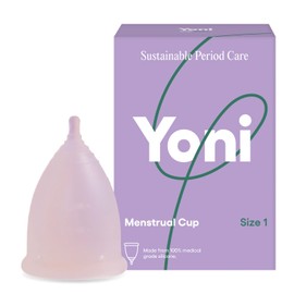 Yoni | Menstruationstasse mit Aufbewahrungsbeutel | Größe 1 | 100% medizinisches Silikon | Komfortabel und auslaufsicher | Hypoallergen | Wiederverwendbar und recycelbar
