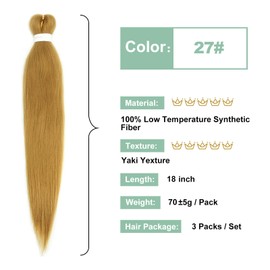 27 Honey Blonde Braiding Hair Pre stretched 18 Inch 3 Packs Pre-stretched Braiding Hair EZ Braid Yaki Texture Synthetic Hair Extensions for Crochet Box Braids