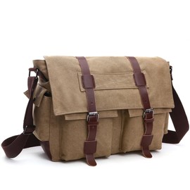 Vintage Canvas Messenger Bag, 15.6 Inch Laptop Crossbody Satchel with Multi-Pocket and Adjustable Shoulder Strap