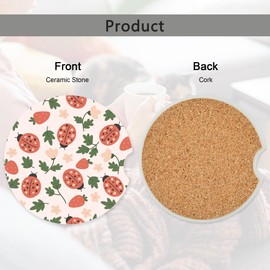 Pink Ladybug Strawberry Car Coasters,Ceramic Absorbent Cup Holders with Finger Notch & Cork Base Car Assecories for Women/Men 2.6"(2 Pieces)