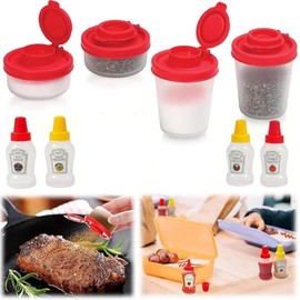 Jindizi 4PCS Salt and Pepper Shakers Sets,Plastic Airtight Spice Jar Dispenser with 4PCS Mini Sauce Squeeze Bottles for Travel Camping Picnic Outdoors Kitchen Lunch Boxes