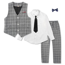 LOLANTA Boys Vest and Tie Set Casual Plaid Suits Vest, Pants, Shirts, Tie and Bow Tie (Gray Plaid, 8)
