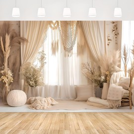 APROPHIC Bohemian Style Photography Background, White Curtains, Pampas Grass, Flowers Photo Background, Medieval Art, For Wedding, Birthday, Photo Wall, Portrait Background 2.1 x 1.5 m