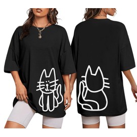 Lytiarul Cute Cat Shirts for Women Oversized Black Cat Graphic Tshirt Casual T-Shirt Kawaii Tees Aesthetic Funny Tops(Black,L)